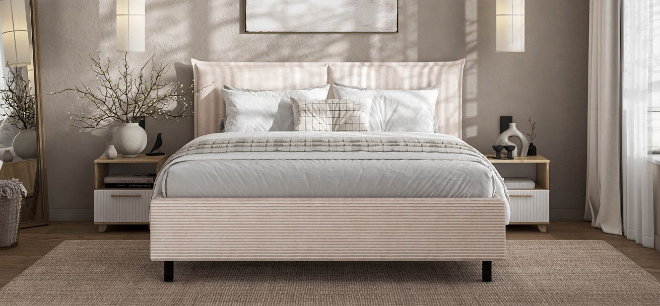 Кровать ЛЕО 160 Вельвет CORD бежевая - купить в Озерце