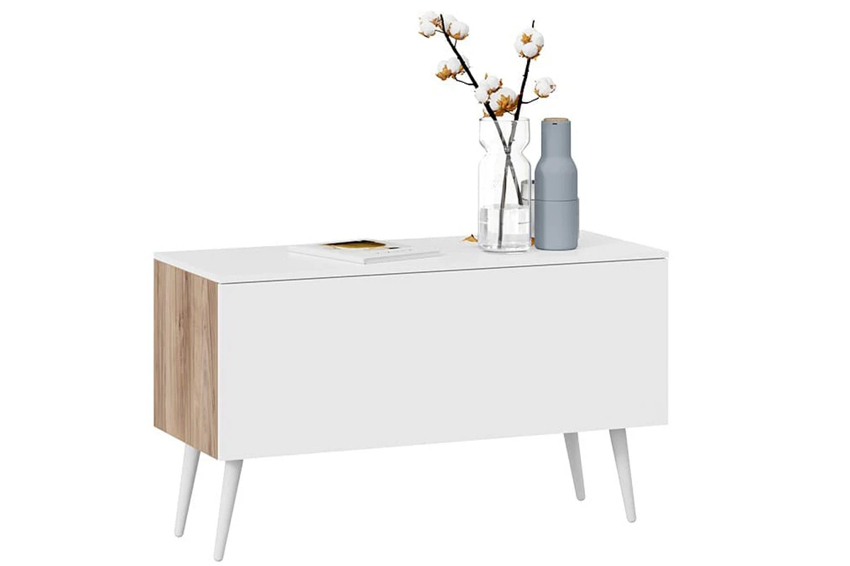 Тумба для теле- и радиоаппаратуры Порто СМ-393.03.012 с опорами (Яблоня Беллуно/Белый софт/Белый) — Мебель-центр Озерцо