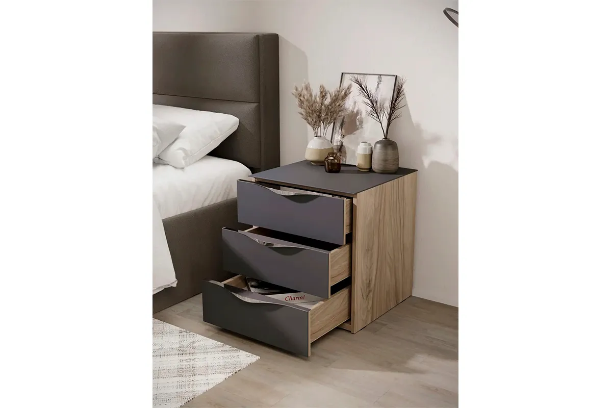 Тумба прикроватная с 3 ящиками Глосс ТД-319.03.02 (Яблоня Беллуно/Cтекло/Графит матовый) — Мебель-центр Озерцо