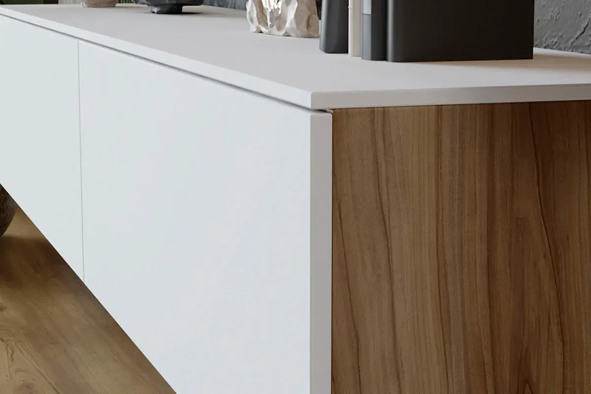 Тумба Порто ТД-393.03.11 для теле- и радиоаппаратуры (Яблоня Беллуно/Белый софт) — Мебель-центр Озерцо