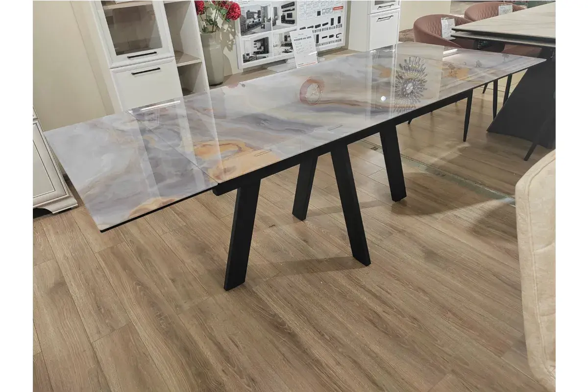 Стол обеденный Нео-2 1400(2000) (ст. №2/Стекло Оптивайт с фотопечатью Кианит/МДФ черный кварц/Черная/Металл черный) - купить в Озерце