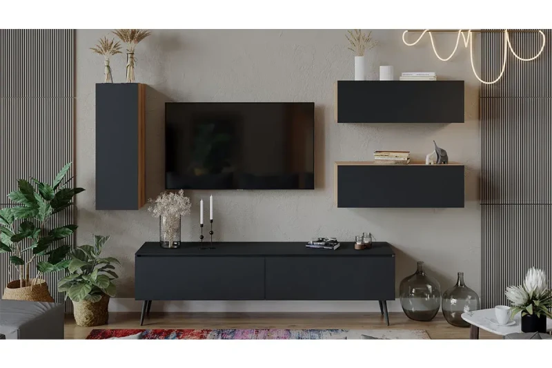 Модульная гостиная Глосс №8 (Яблоня Беллуно/Cтекло/Графит матовый) — Мебель-центр Озерцо