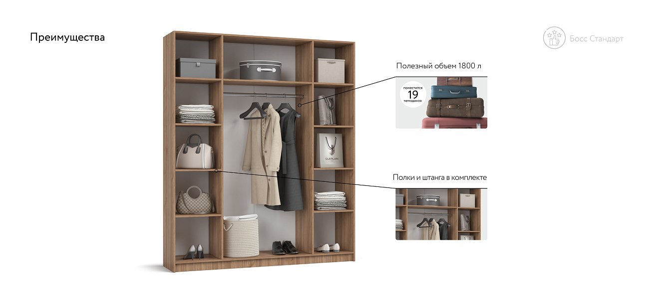 Босс Стандарт 180*220 шкаф распашной 4Д 01 Орех Селект в мебель-центре Озерцо