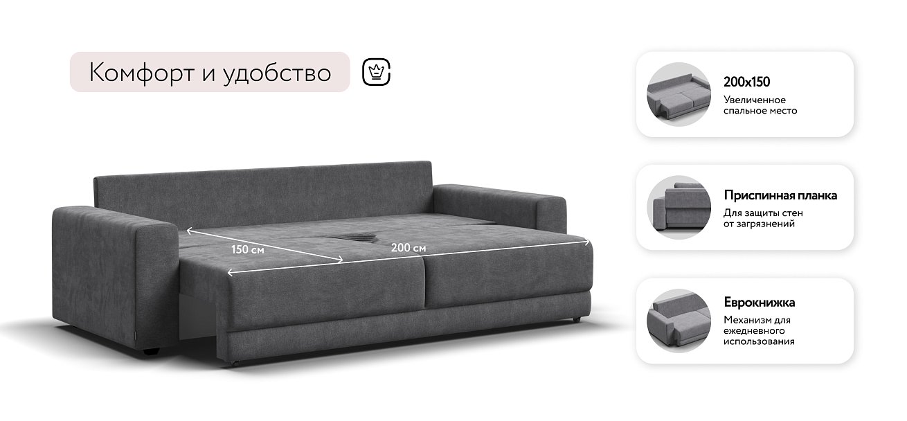 Диван Босс Прайм Шенилл CLOUD графит — купить в Озерце