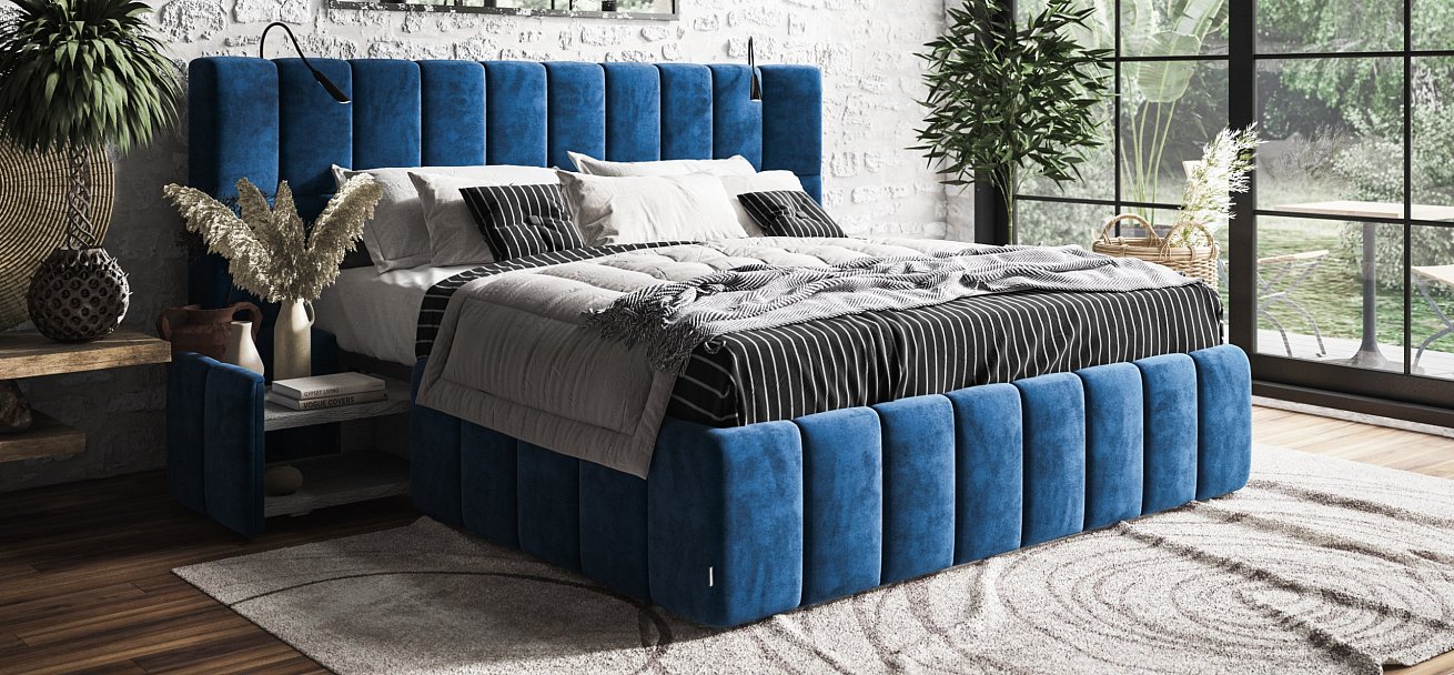 Босс ХО Кровать 180*200 Велюр Монолит синий - купить в Озерце