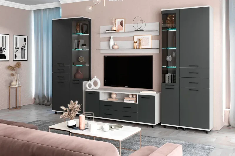 Гостиная Грейс комплект 12 (Снежный Ясень/Антрацит Матовый) — Мебель-центр Озерцо