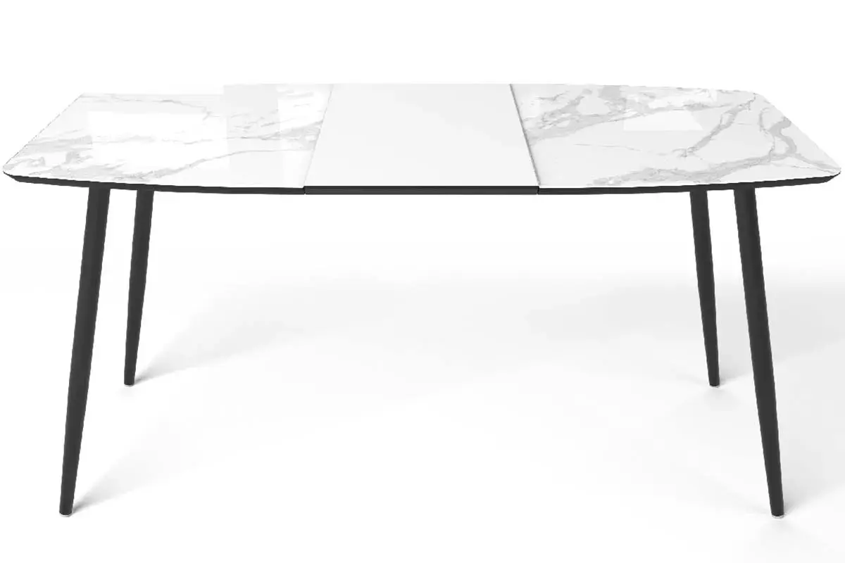 Стол обеденный Квин 1100(1500) (Стекло с фотопечатью Белый мрамор / МДФ Черный кварц / металл черный) - купить в Озерце