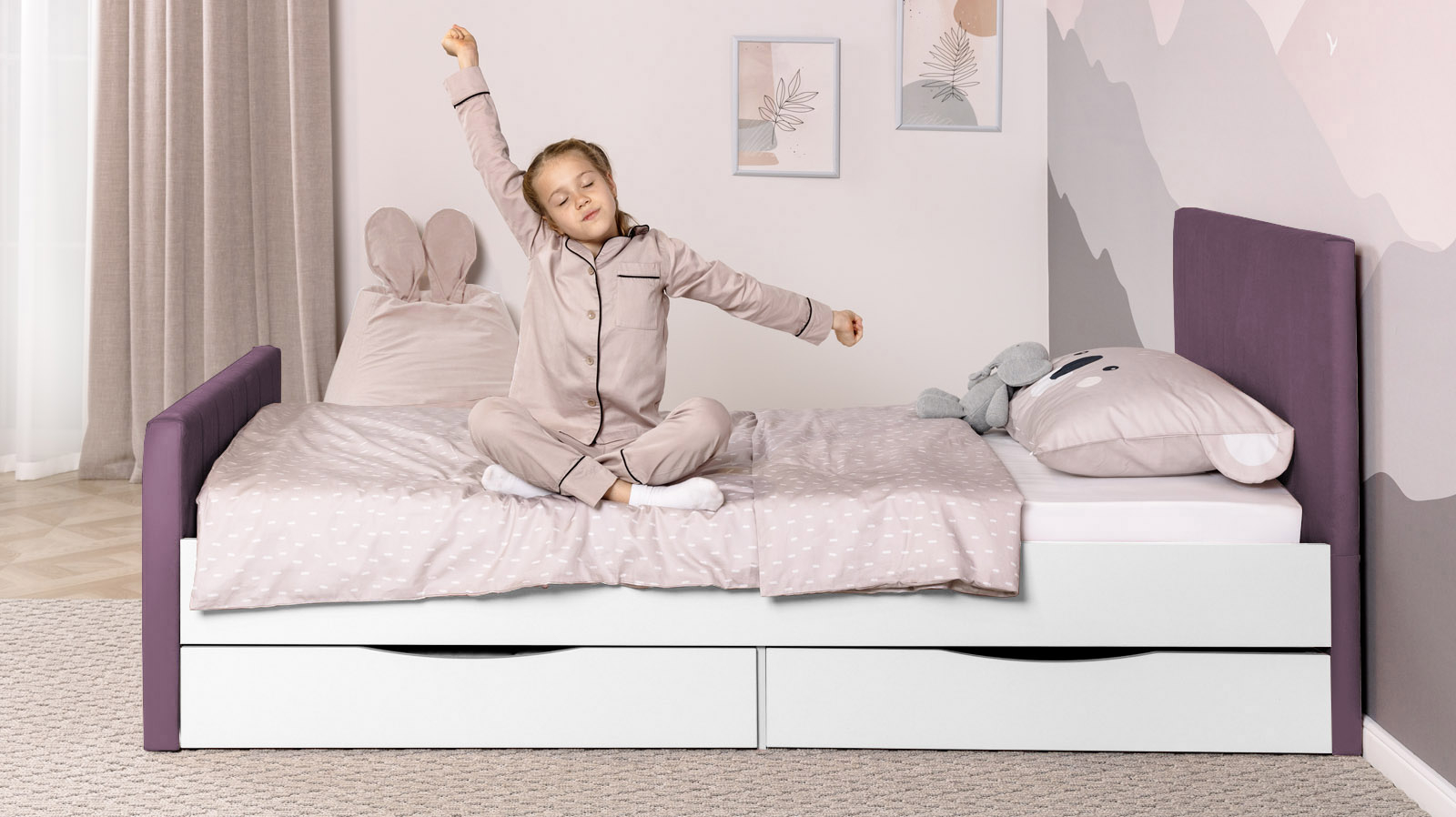 Кровать подростковая Olly, цвет: Белый базовый, Тк. Sky Velvet 10 90x200 — Мебель-центр Озерцо