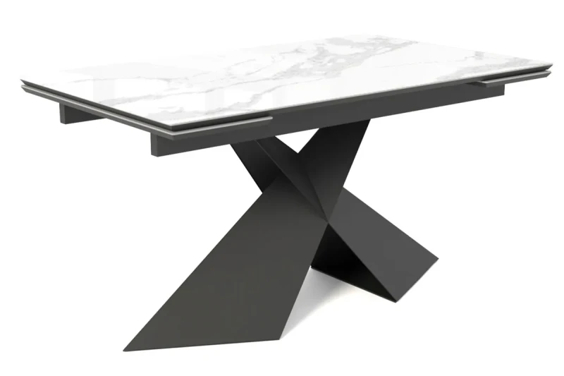 Стол обеденный Марвел 1600(2200) (ст. №2 / Стекло Оптивайт с фотопечатью Белый мрамор/МДФ Черный Кварц/Металл Черный) - купить в Озерце
