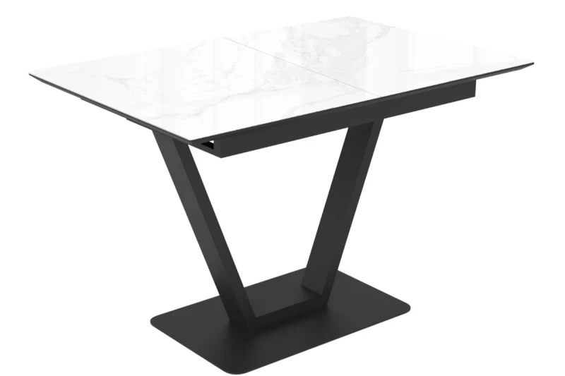 Стол обеденный Луи 1200(1600) (Стекло прозрачное с фотопечатью Белый мрамор/ МДФ Черная шагрень/ Металл Черный) - купить в Озерце