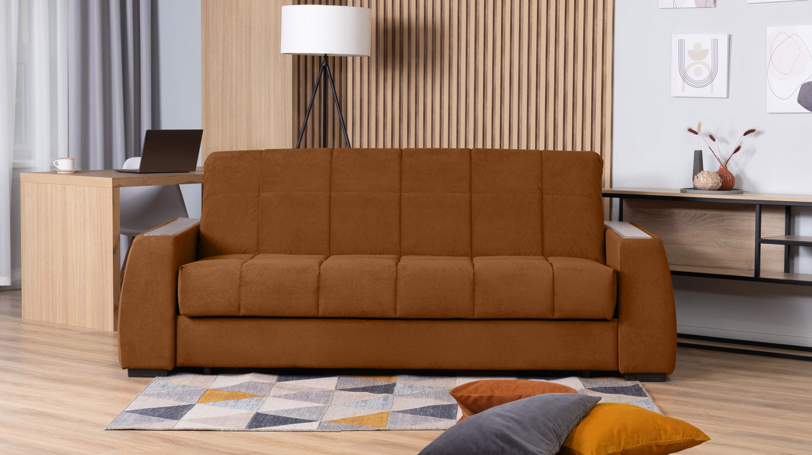 Диван - кровать Domo Pro с полками цвета ясень, стежка квадрат, ткань Casanova Desert 160x216 — в мебель-центре Озерцо
