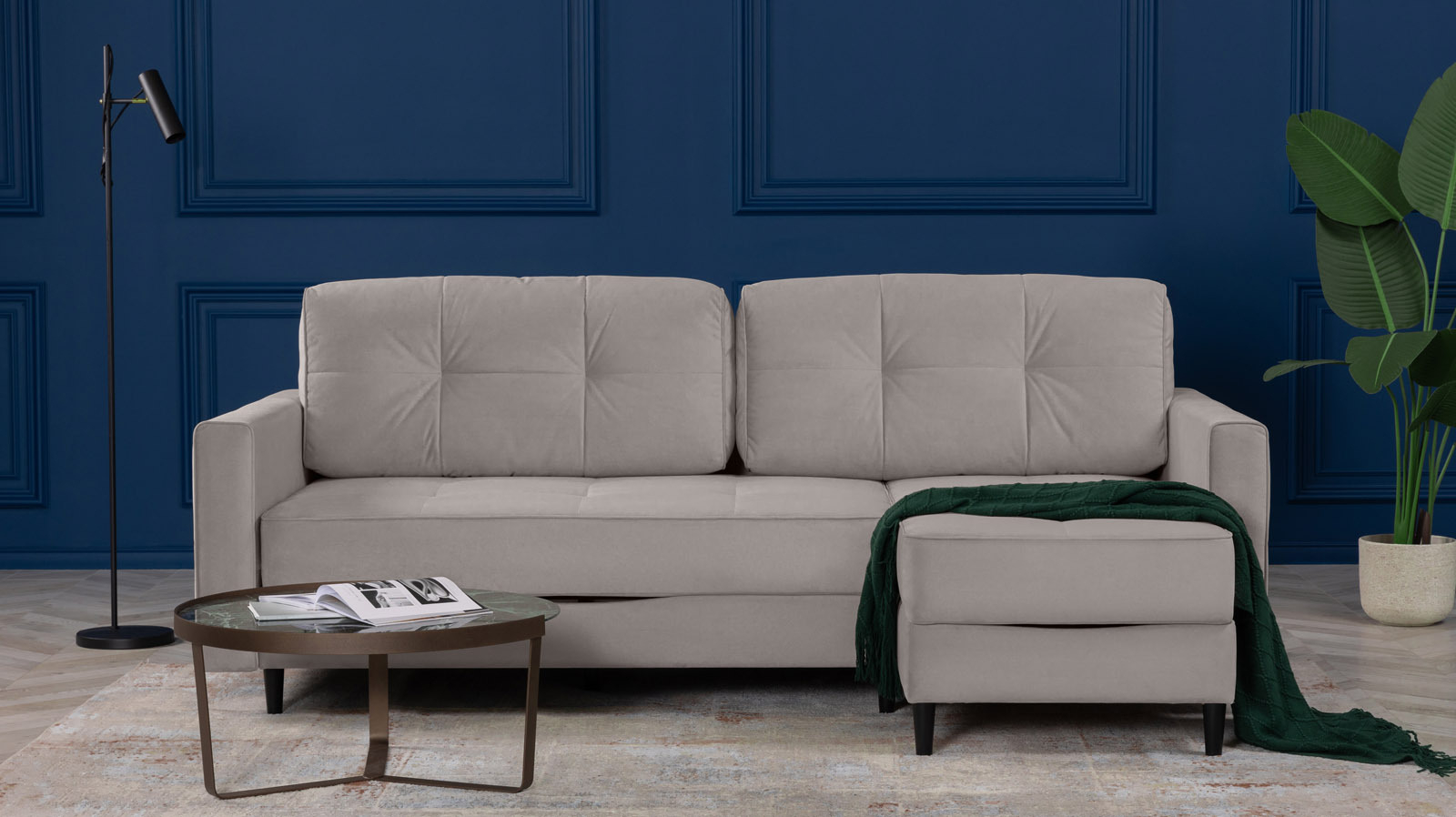 Диван Amani Pro угловой с широкими подлокотниками, ножки: пластик, Тк. Casanova Grey 156x237 — купить в Озерце