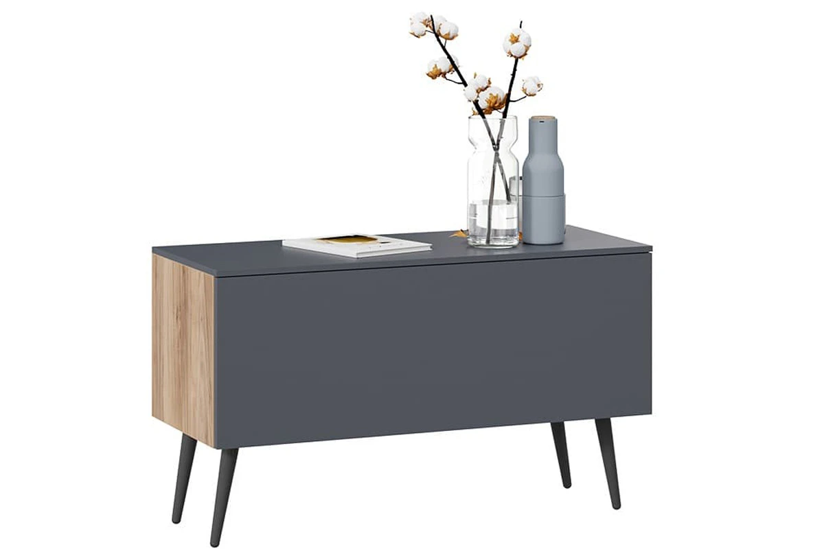 Тумба для теле- и радиоаппаратуры Порто СМ-393.03.012 с опорами (Яблоня Беллуно/Графит софт/Серый) — Мебель-центр Озерцо