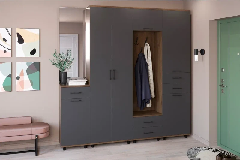 Прихожая Грейс комплект 7 (Гикори Джексон Темный/Антрацит Матовый) - заказать на Ozerco.com Прихожая Грейс комплект 7 (Гикори Джексон Темный/Антрацит Матовый) — Мебель-центр Озерцо