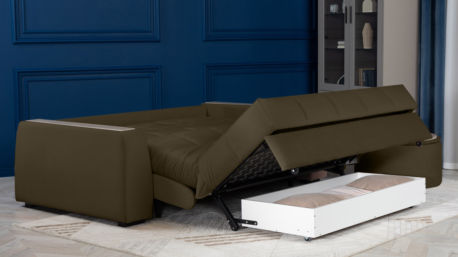Диван - кровать Domo Pro с накладкой цвета ясень, стежка квадрат, ткань Sky Velvet 12 140x216 — в мебель-центре Озерцо