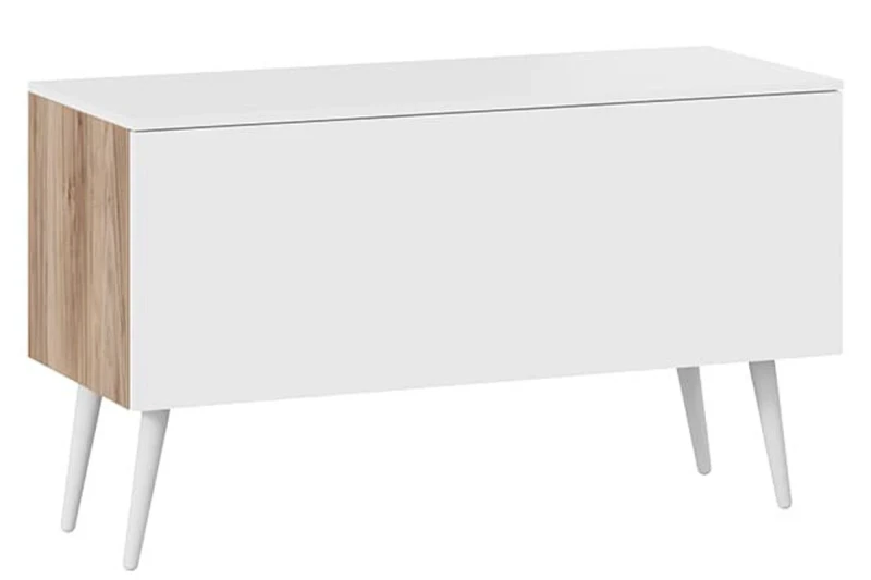 Тумба для теле- и радиоаппаратуры Порто СМ-393.03.012 с опорами (Яблоня Беллуно/Белый софт/Белый) — Мебель-центр Озерцо