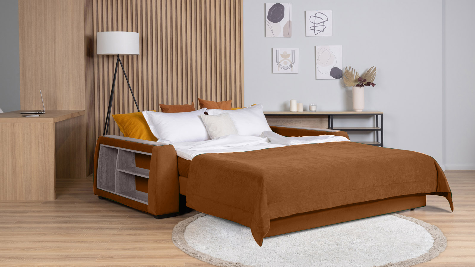 Диван - кровать Domo Pro с полками цвета ясень, стежка квадрат, ткань Casanova Desert 160x216 — в мебель-центре Озерцо