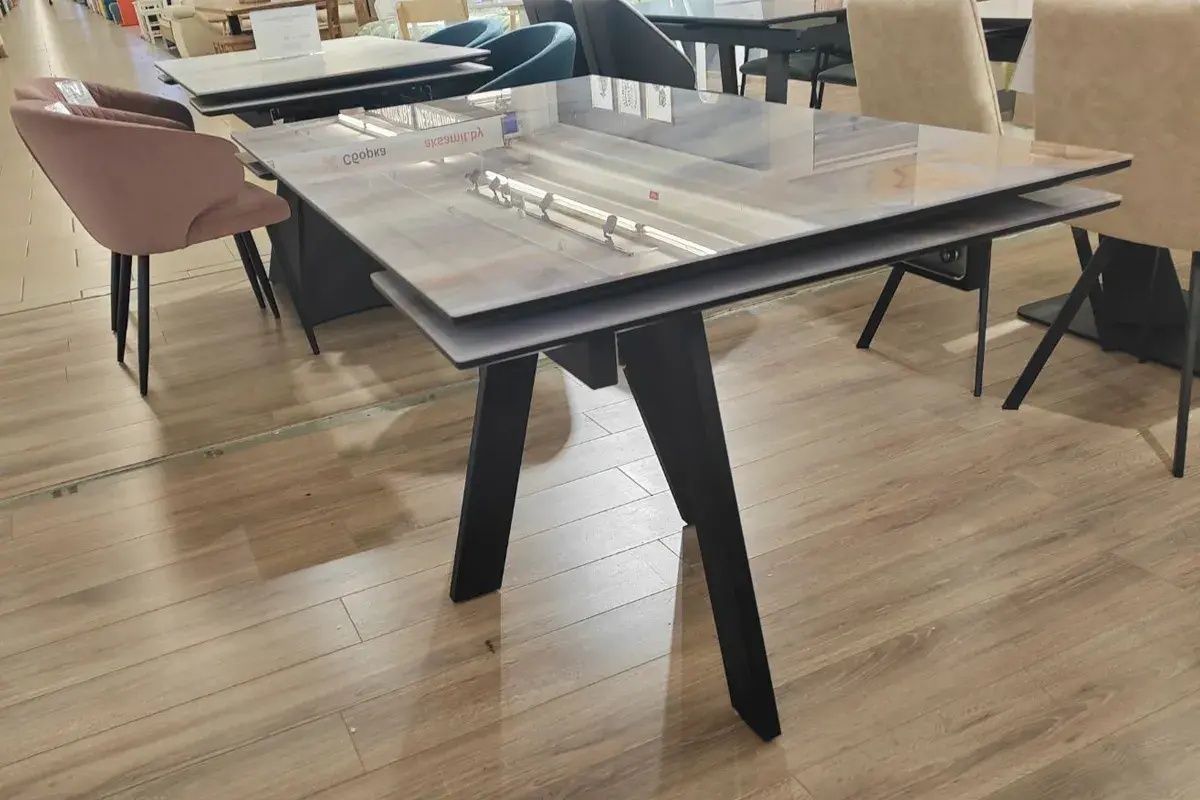 Стол обеденный Нео-2 1400(2000) (ст. №2/Стекло Оптивайт с фотопечатью Кианит/МДФ черный кварц/Черная/Металл черный) - купить в Озерце