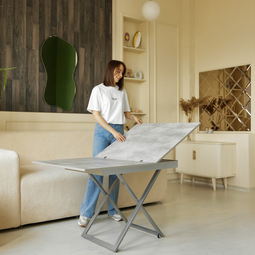 Стол-трансформер APOLLO бетон/подстолье серебро - купить в Озерце