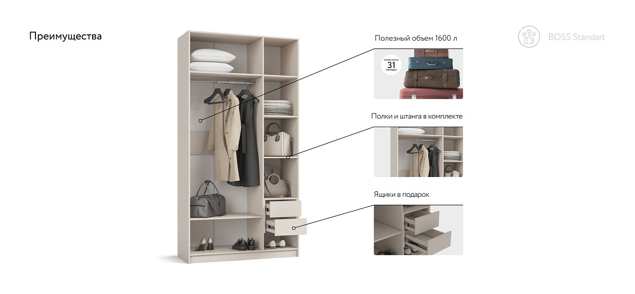 Шкаф BOSS STANDART 120 - 3Д Кашемир серый в мебель-центре Озерцо