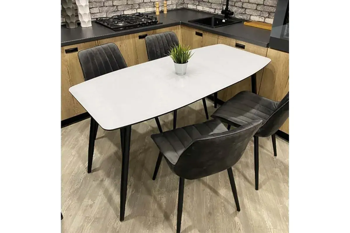 Стол обеденный Квин 1100(1500) (Стекло с фотопечатью Белый мрамор / МДФ Черный кварц / металл черный) - купить в Озерце