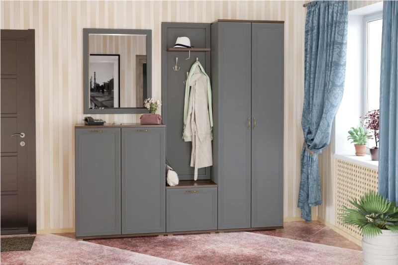 Готовый комплект для прихожей Карина ПК-1003-ГТ-СО (Гикори Джексон Темный/Серый Оникс) — Мебель-центр Озерцо