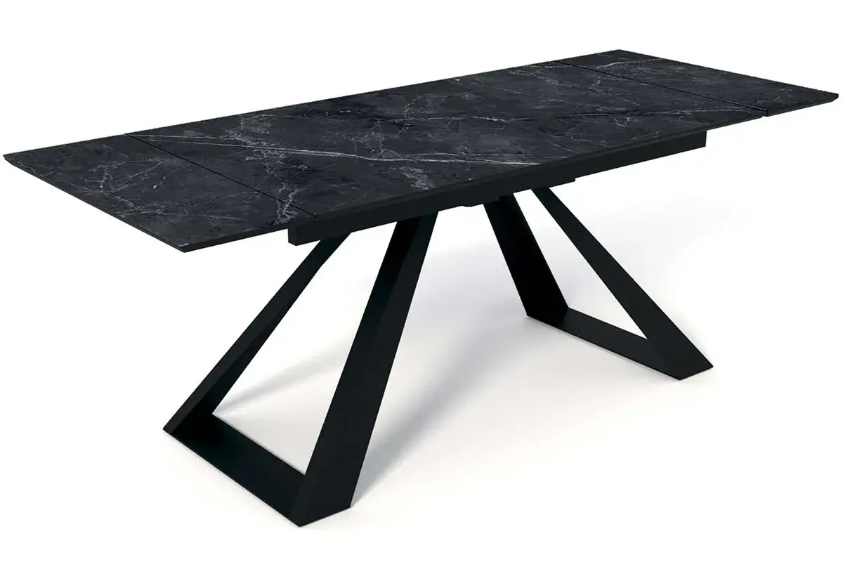 Стол обеденный Старк 1600(2200) (Стекло с фотопечатью Черный мрамор / МДФ Черный кварц / рама черная / металл черный) - купить в Озерце