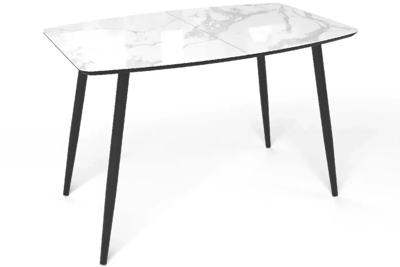 Стол обеденный Квин 1100(1500) (Стекло с фотопечатью Белый мрамор / МДФ Черный кварц / металл черный) - купить в Озерце
