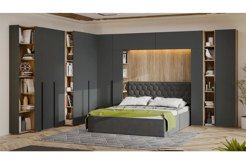 Спальный гарнитур Порто №2 - ГН-393.002 (Яблоня Беллуно/Графит софт/Велюр Confetti Stone) - купить в Озерце