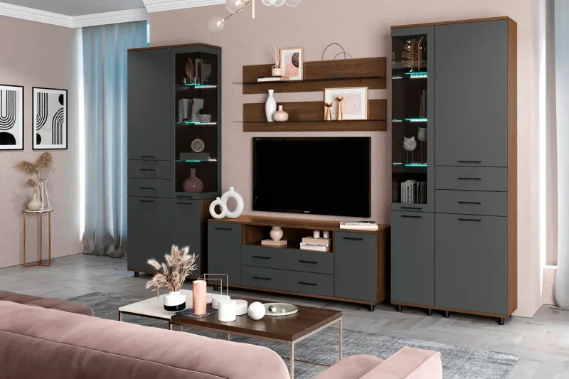 Гостиная Грейс комплект 12 (Гикори Джексон Темный/Антрацит Матовый) — Мебель-центр Озерцо