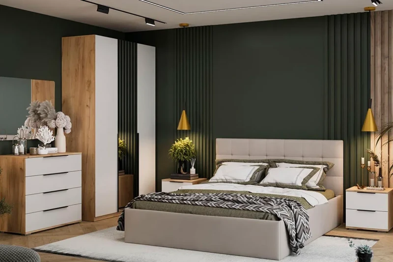 Спальный гарнитур Джоли №1 (Дуб Крафт золотой/Белый матовый/Велюр Confetti Smoke) - купить в Озерце