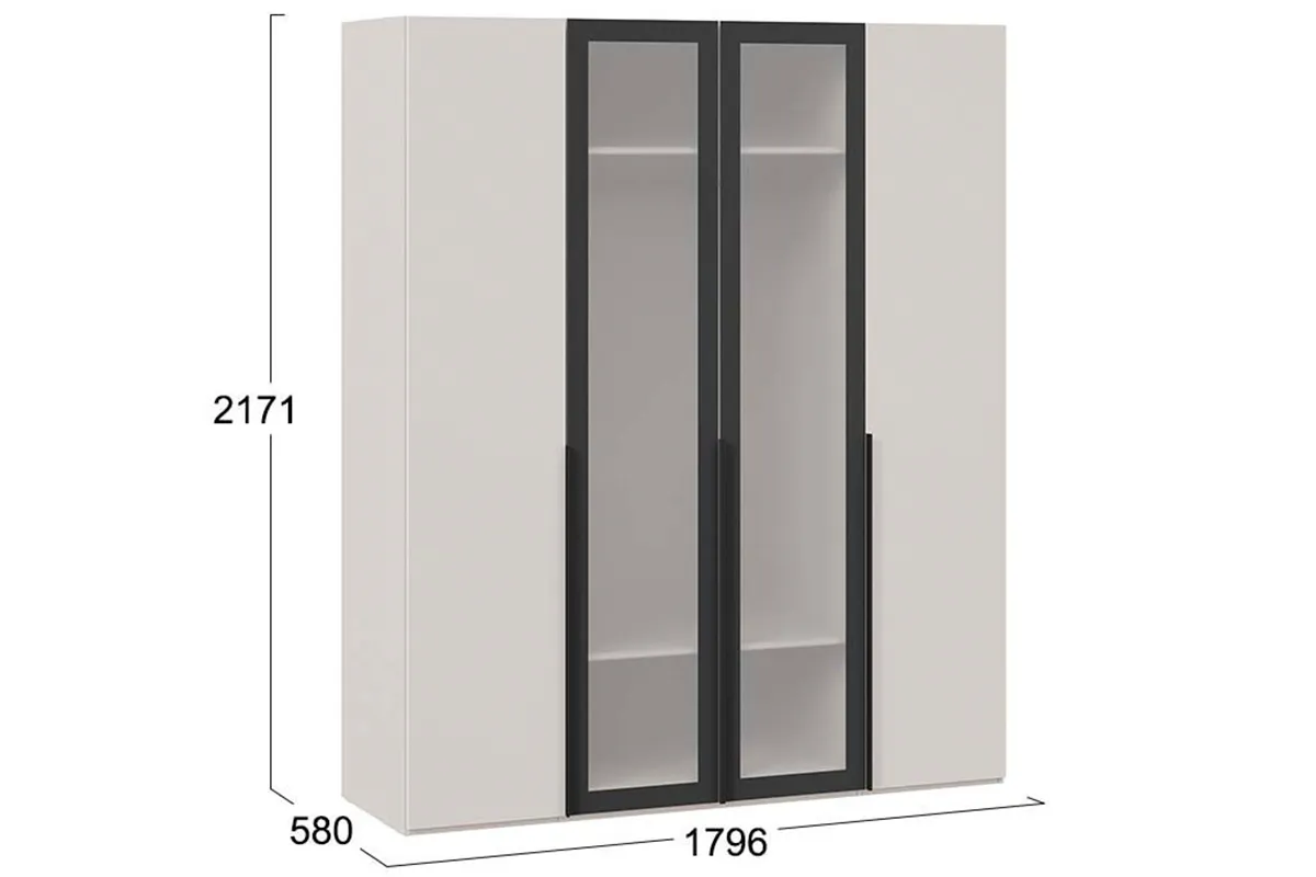Шкаф для одежды Порто СМ-393.07.116 (580) с 2 глухими и 2 стеклянными дверями (Кашемир матовый / Кашемир сатин / Графит / Стекло сатин черное) в мебель-центре Озерцо