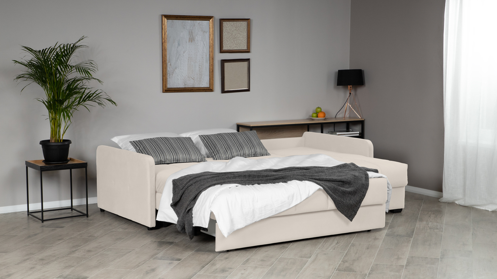 Диван угловой Domo Pro с узкими подлокотниками, стежка квадрат, ткань Casanova Milk 180x216 — купить в Озерце