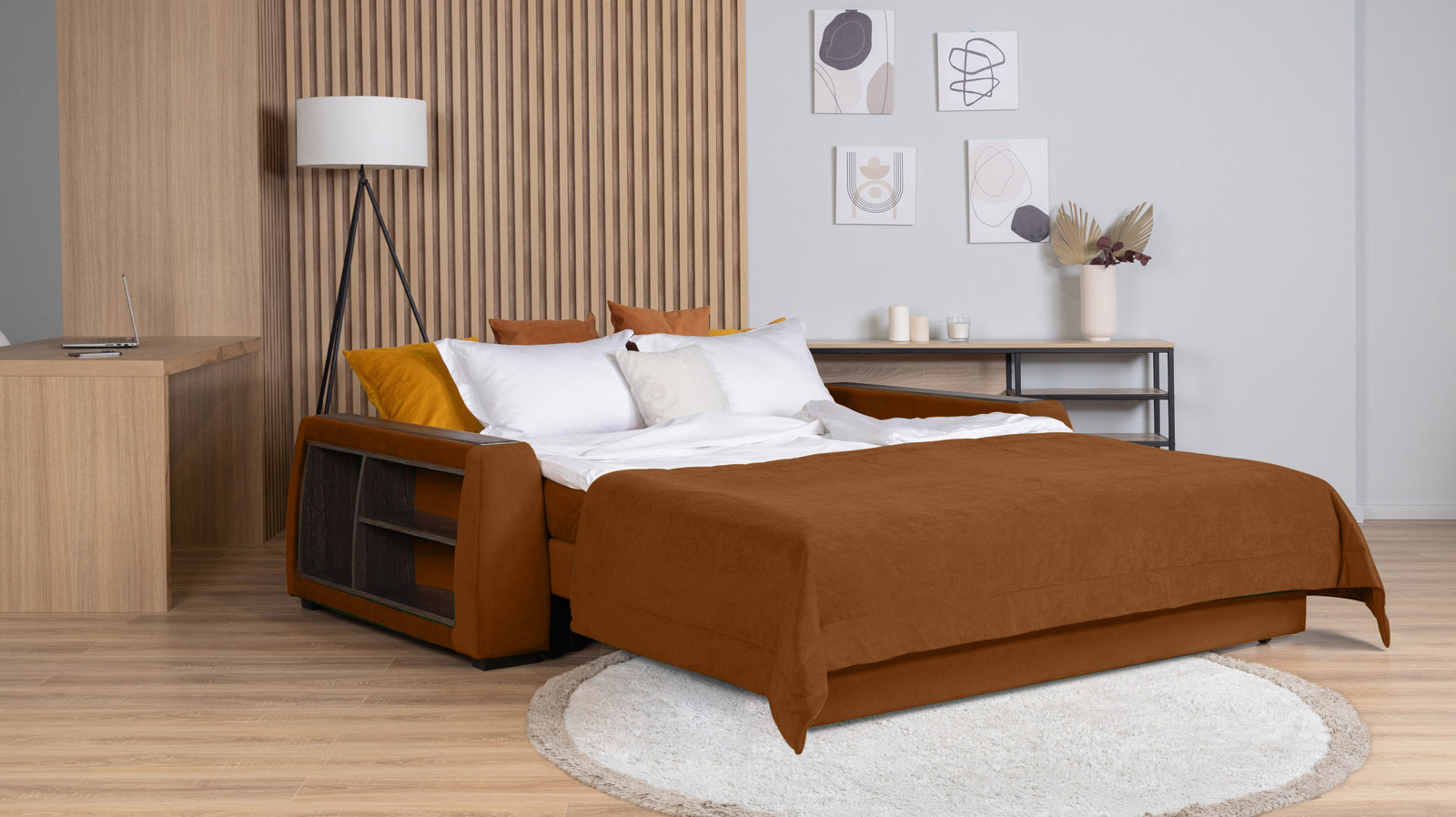 Диван - кровать Domo Pro с полками цвета венге, стежка квадрат, ткань Casanova Desert 140x216 — в мебель-центре Озерцо