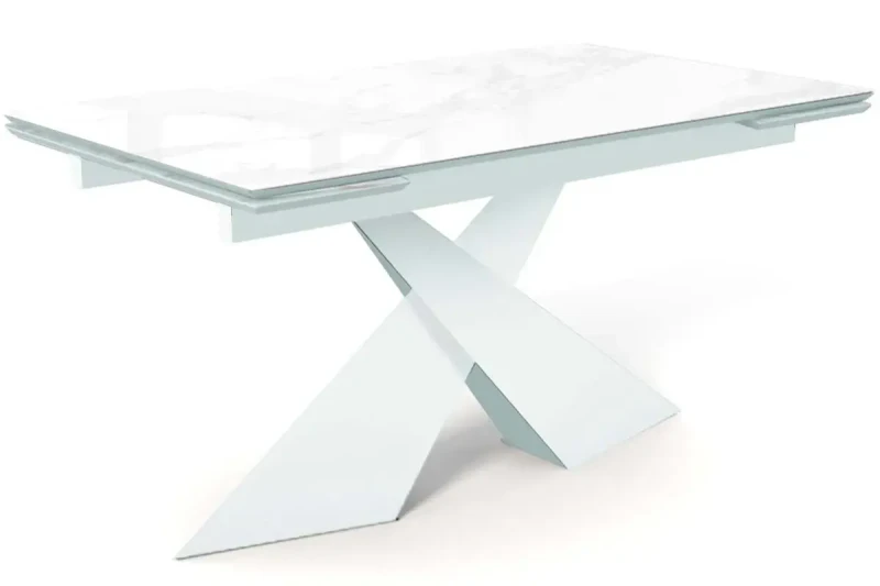 Стол обеденный Марвел 1600(2200) (Стекло с фотопечатью Белый мрамор / МДФ Белая шагрень / рама белая / металл белый) - купить в Озерце