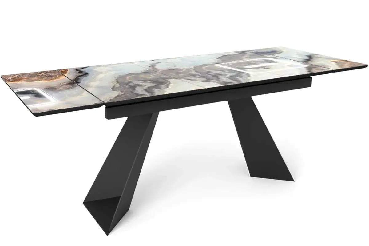 Стол обеденный Купер 1400(2000) (Стекло с фотопечатью Серо-коричневый агат / МДФ Черный кварц / рама черная / металл черный) - купить в Озерце