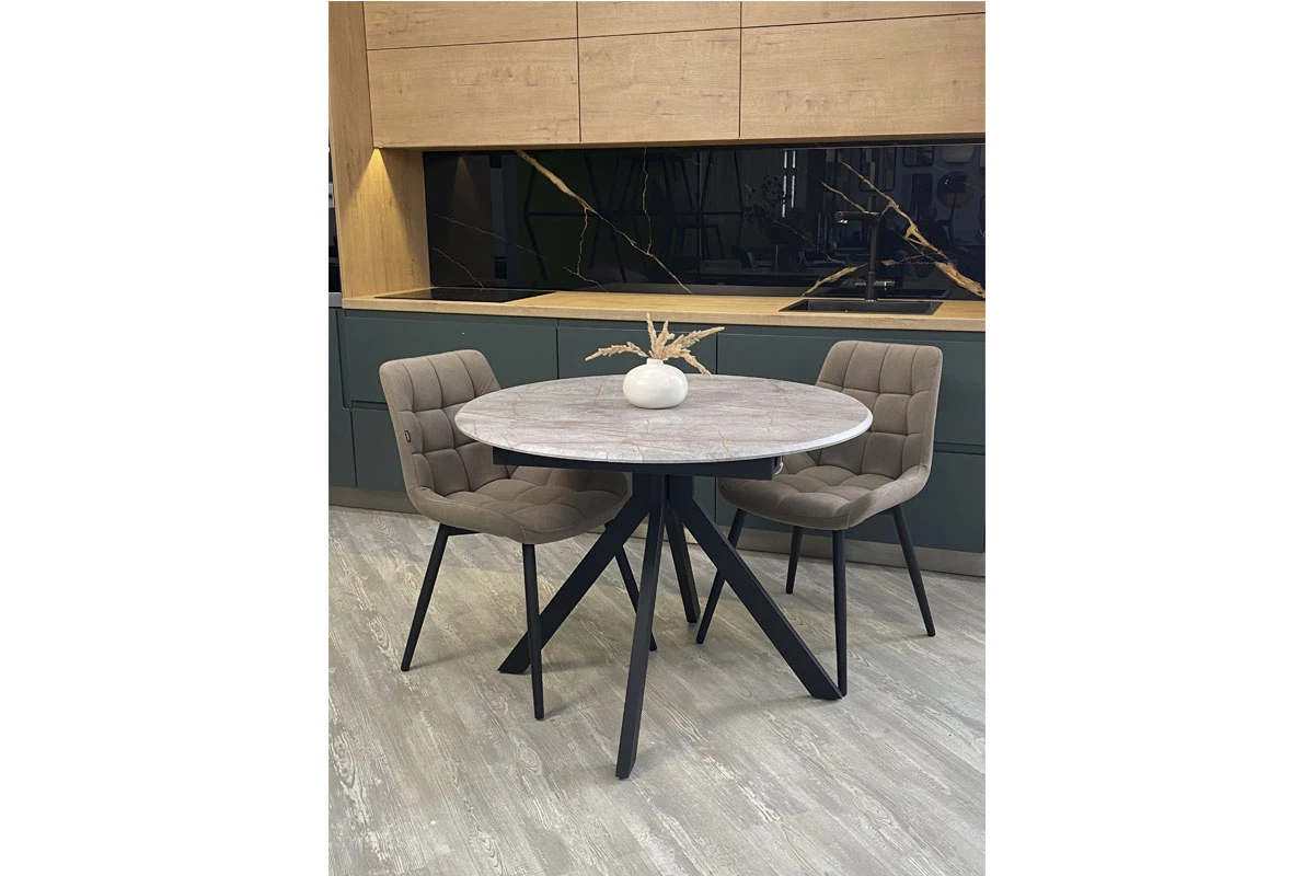 Стол обеденный Москва (d 1000/вставка 400/Бабочка/МДФ Византийский Мрамор/Металл черный) - купить в Озерце