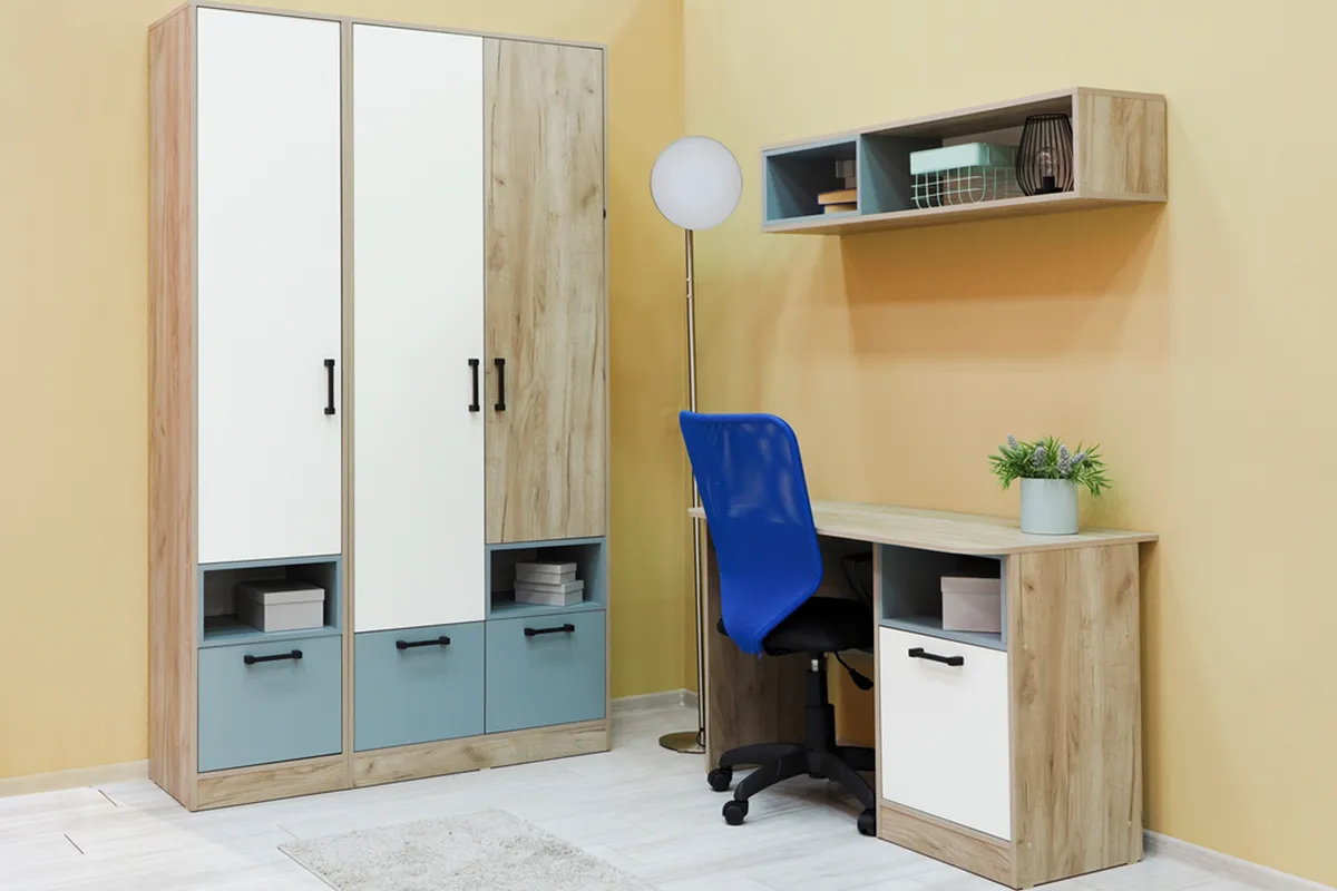 Полка настенная Оливер (Дуб Крафт серый/ Белый /Серо-голубой) — Мебель-центр Озерцо