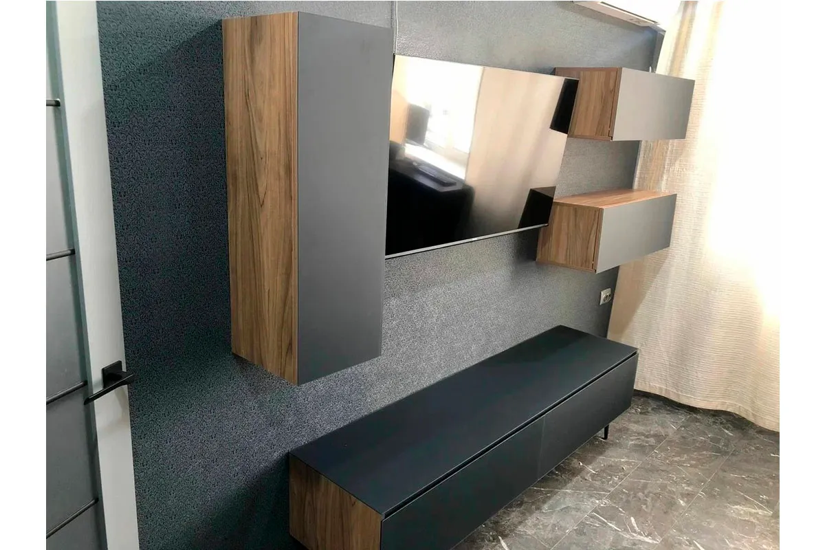 Модульная гостиная Глосс №8 (Яблоня Беллуно/Cтекло/Графит матовый) — Мебель-центр Озерцо