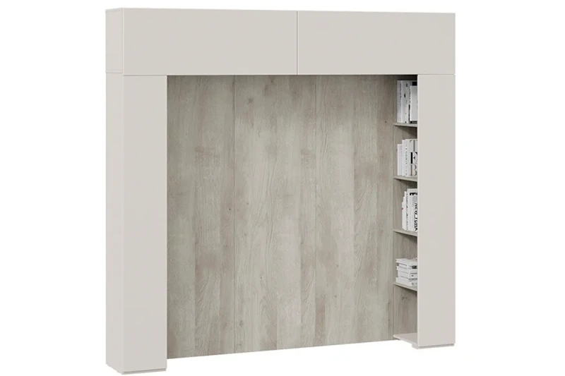 Шкаф навесной Порто СМ-393.21.022-23-01 (366) со стеллажами и декоративными панелями (Кашемир матовый / Баттл рок / Кашемир сатин) в мебель-центре Озерцо