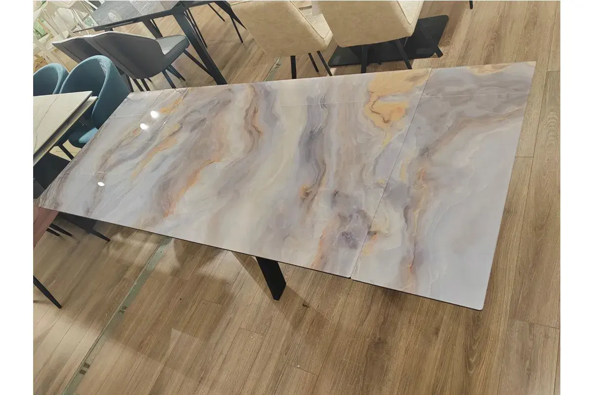 Стол обеденный Нео-2 1400(2000) (ст. №2/Стекло Оптивайт с фотопечатью Кианит/МДФ черный кварц/Черная/Металл черный) - купить в Озерце