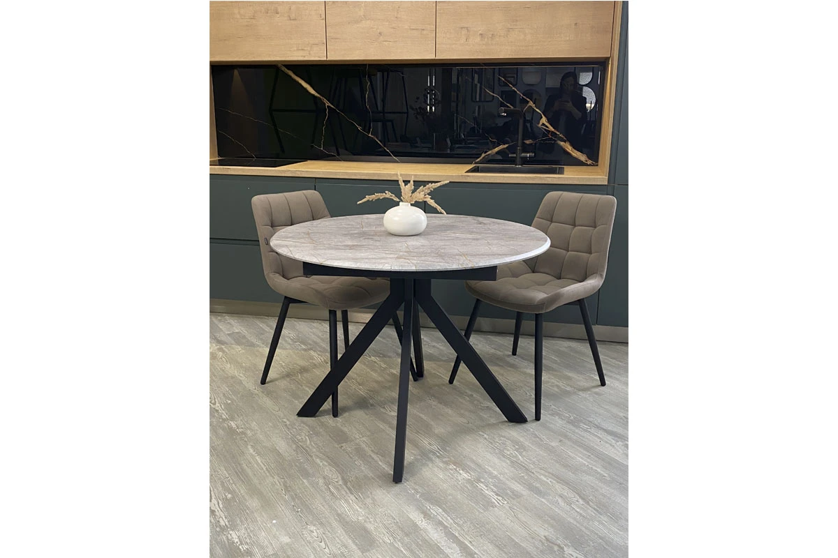 Стол обеденный Москва (d 1000/вставка 400/Бабочка/МДФ Византийский Мрамор/Металл черный) - купить в Озерце