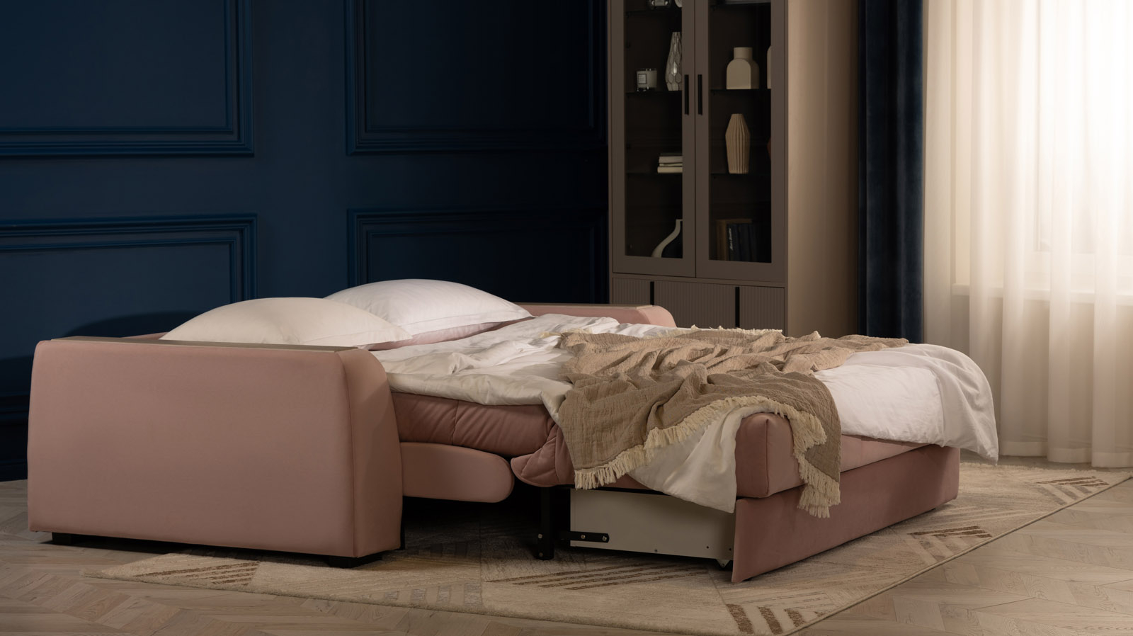 Диван - кровать Domo Pro с накладкой цвета ясень, стежка квадрат, ткань Sky Velvet 01 180x216 — в мебель-центре Озерцо