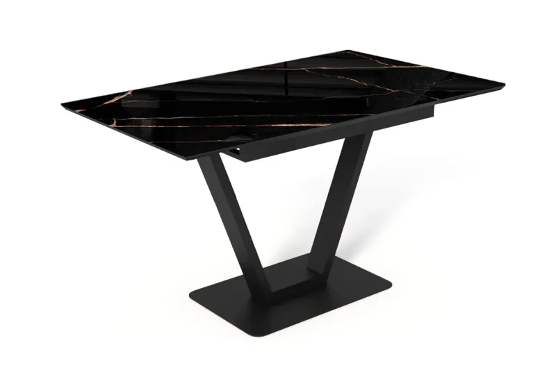 Стол обеденный Луи 1200(1600) (Стекло с фотопечатью Обсидиан / МДФ Черная шагрень / рама черная / металл черный) - купить в Озерце