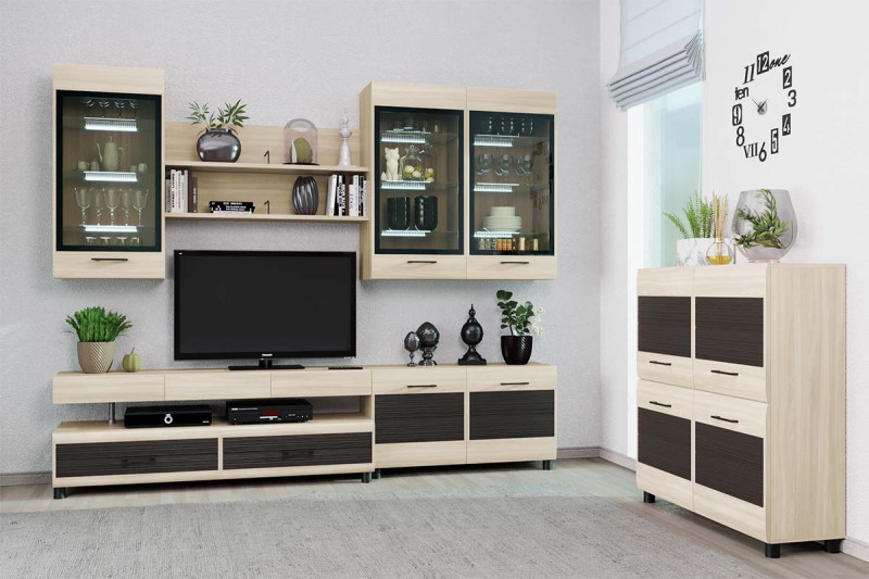 Гостиная Камелия-8 (Ясень Асахи комбинированный) — Мебель-центр Озерцо