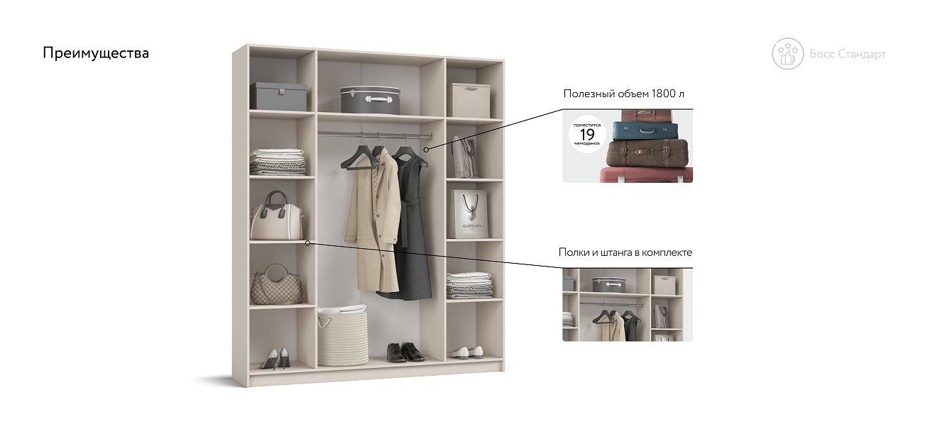 Босс Стандарт 180*220 шкаф распашной 4Д+ящики 01 Кашемир в мебель-центре Озерцо