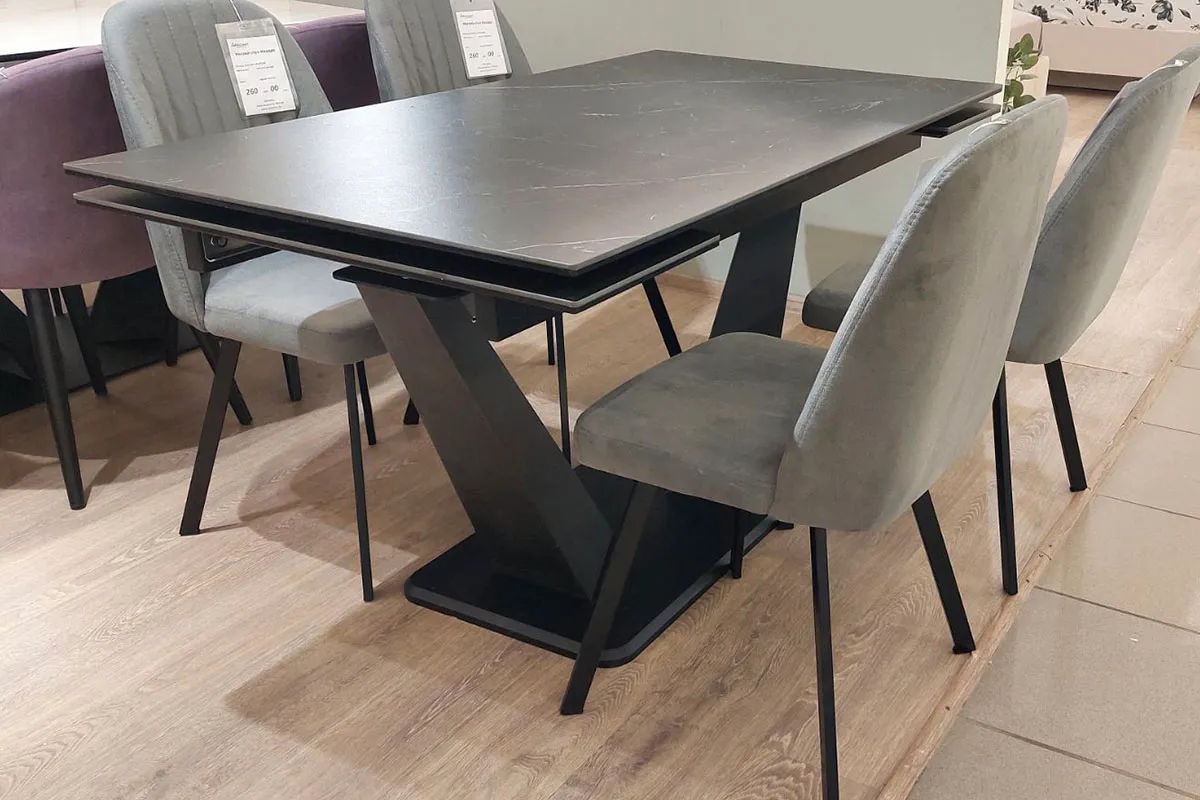 Стол обеденный Вирджиния 1400(2000) (ст. №2/Керамика Черный Мрамор 9206053/МДФ Черный Кварц/Черный) - купить в Озерце