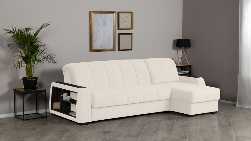 Диван угловой Domo Pro с полками цвета венге, стежка квадрат, ткань Sky Velvet 08 180x216 — купить в Озерце