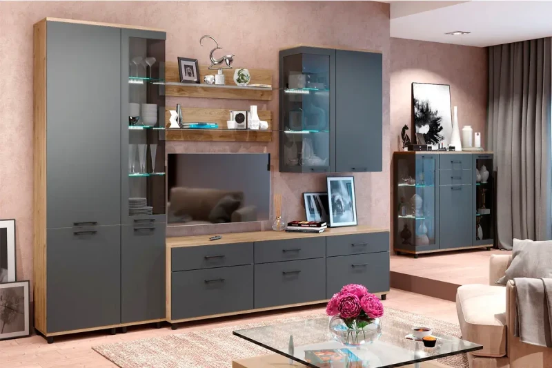 Гостиная Грейс комплект 5 (Ясень Асахи/Антрацит матовый) — Мебель-центр Озерцо