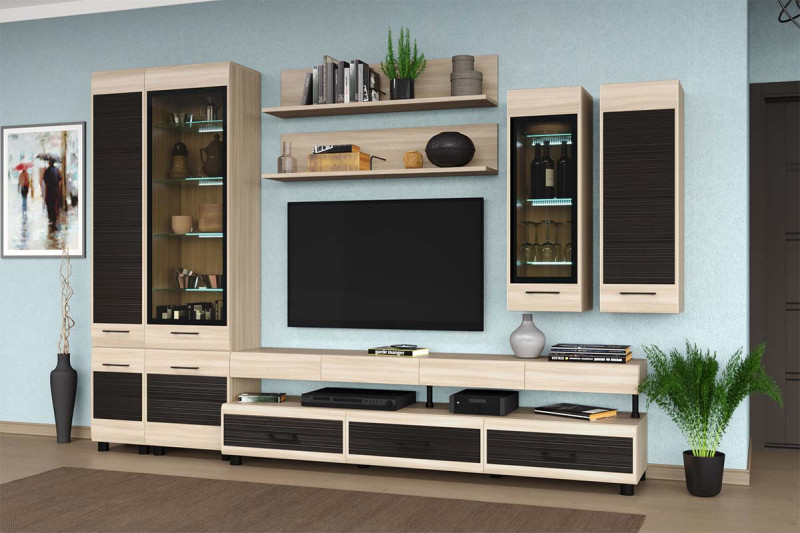 Гостиная Камелия-7 (Ясень Асахи комбинированный) — Мебель-центр Озерцо